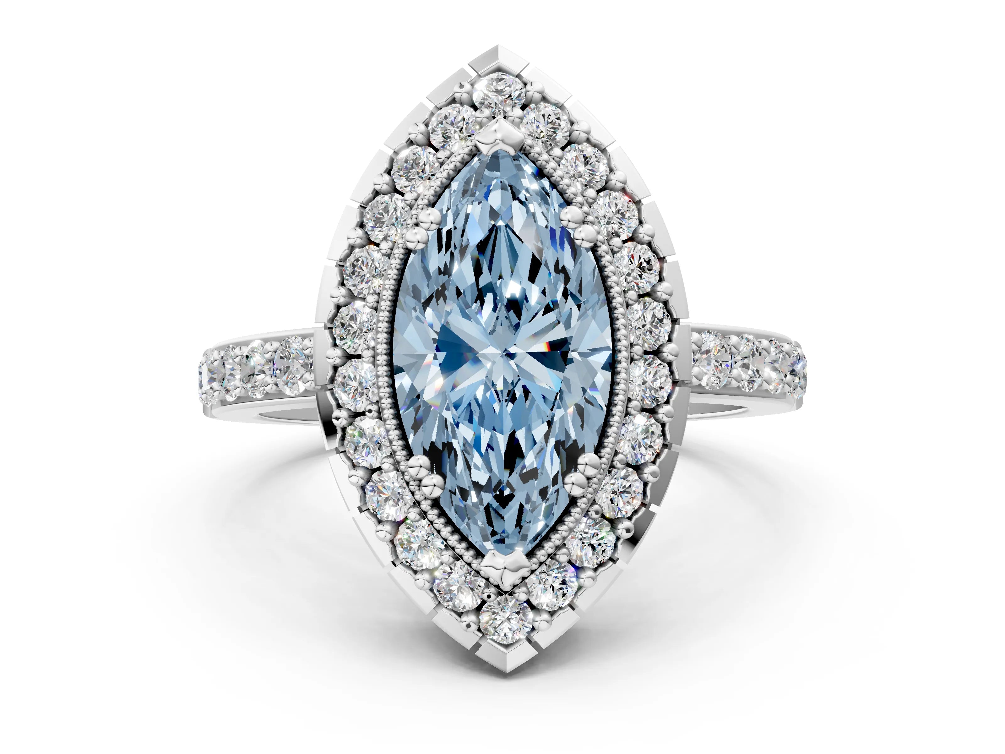 White gold Fancy Blue Marquise Cut Diamond Halo Ring with Pavé Band and Prong Setting