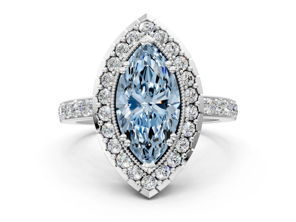 Platinum Fancy Blue Marquise Cut Diamond Halo Ring with Pavé Band and Prong Setting