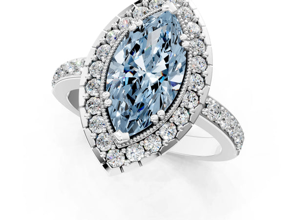 Platinum Fancy Blue Marquise Cut Diamond Halo Ring with Pavé Band and Prong Setting