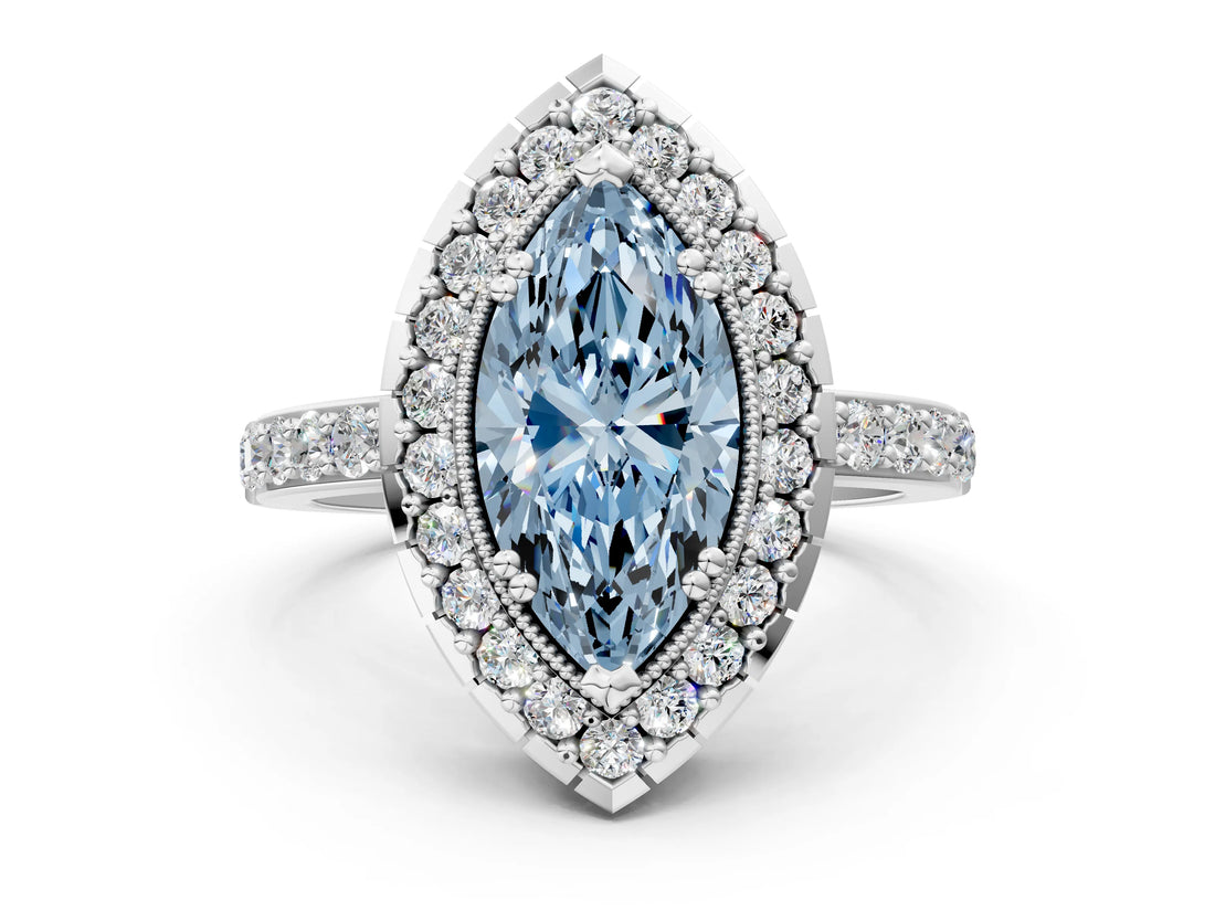 White gold Fancy Blue Marquise Cut Diamond Halo Ring with Pavé Band and Prong Setting_12