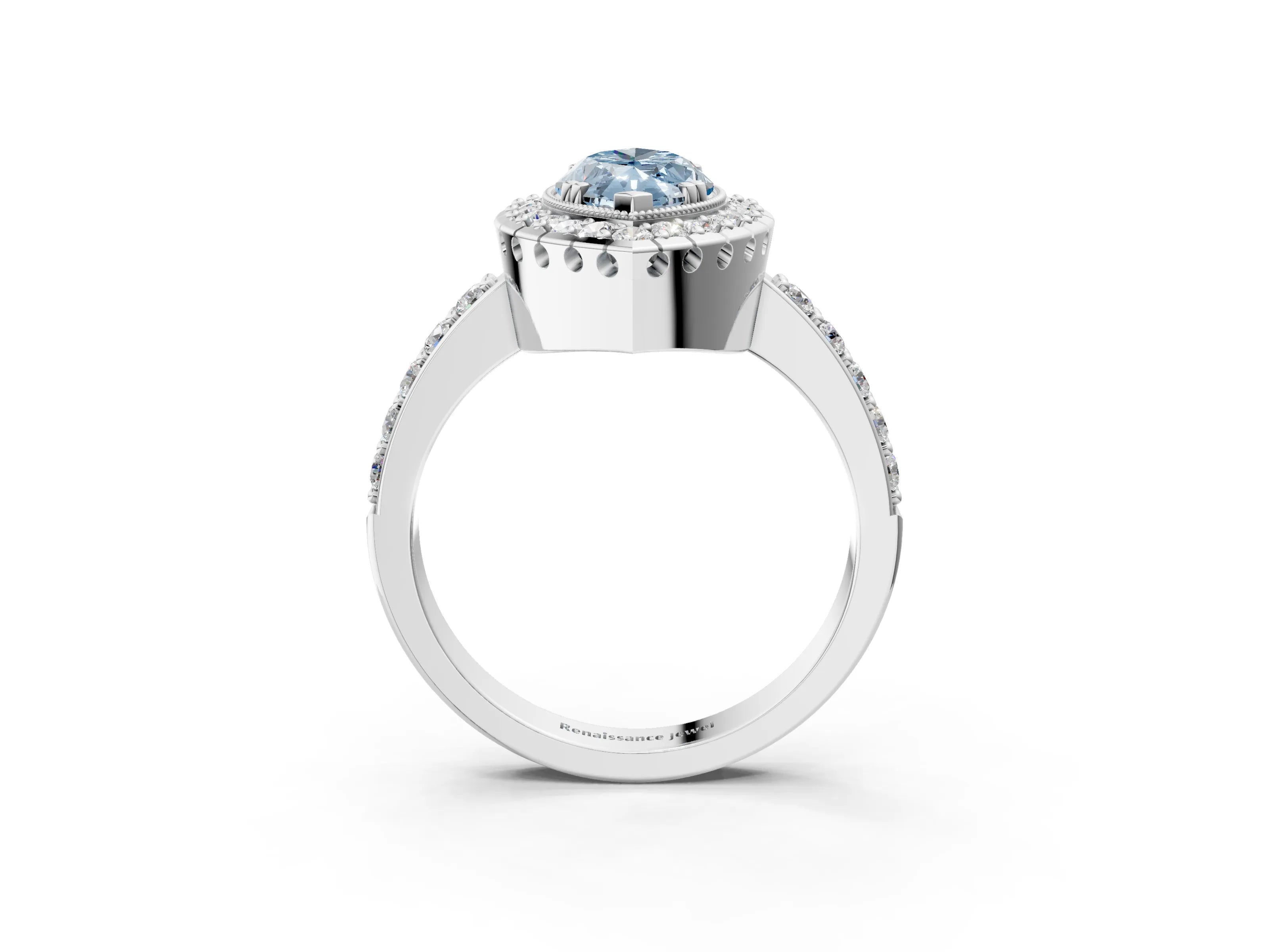 White gold Fancy Blue Marquise Cut Diamond Halo Ring with Pavé Band and Prong Setting_15
