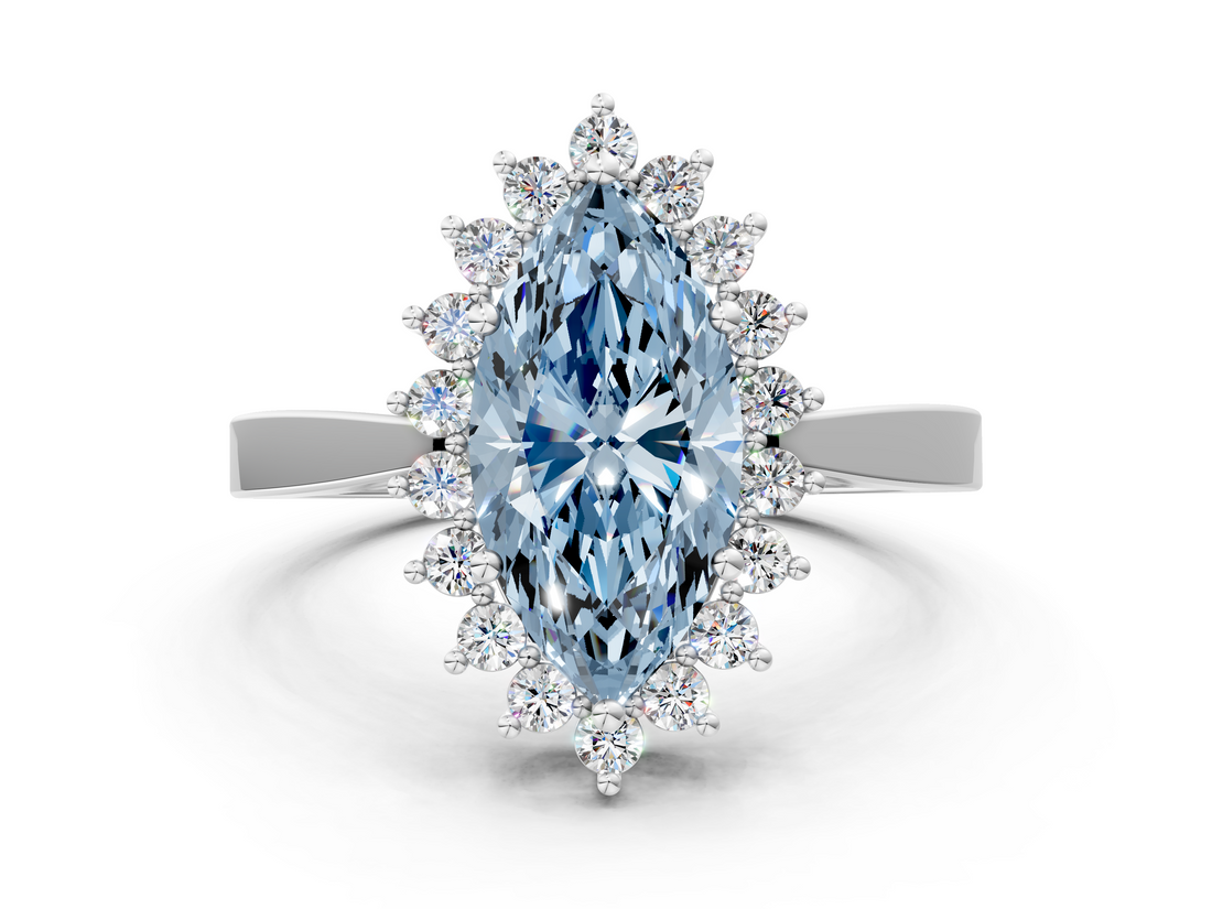 White gold Fancy Blue Marquise  Cut Diamond Halo Ring with Round Brilliant Halo and Solitaire Band_87