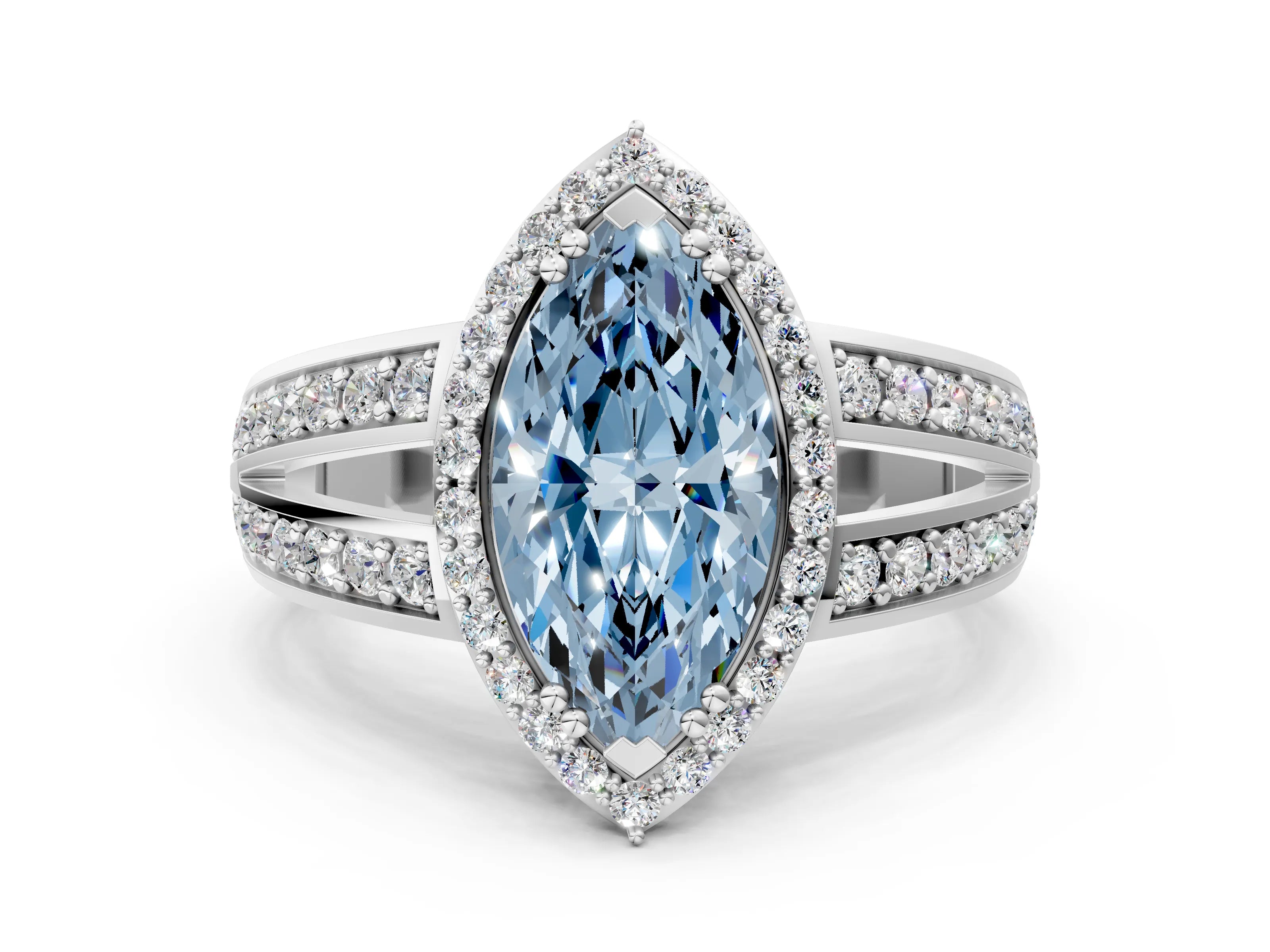 White gold Fancy Blue Marquise Cut Diamond Halo Ring with Split Shank Pavé Band and Four-Prong Setting_23