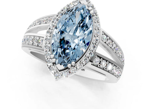 White gold Fancy Blue Marquise Cut Diamond Halo Ring with Split Shank Pavé Band and Four-Prong Setting_24