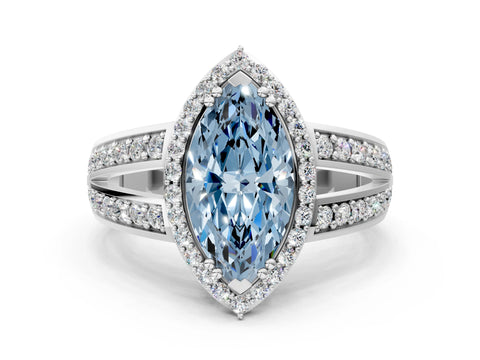 White gold Fancy Blue Marquise Cut Diamond Halo Ring with Split Shank Pavé Band and Four-Prong Setting_24