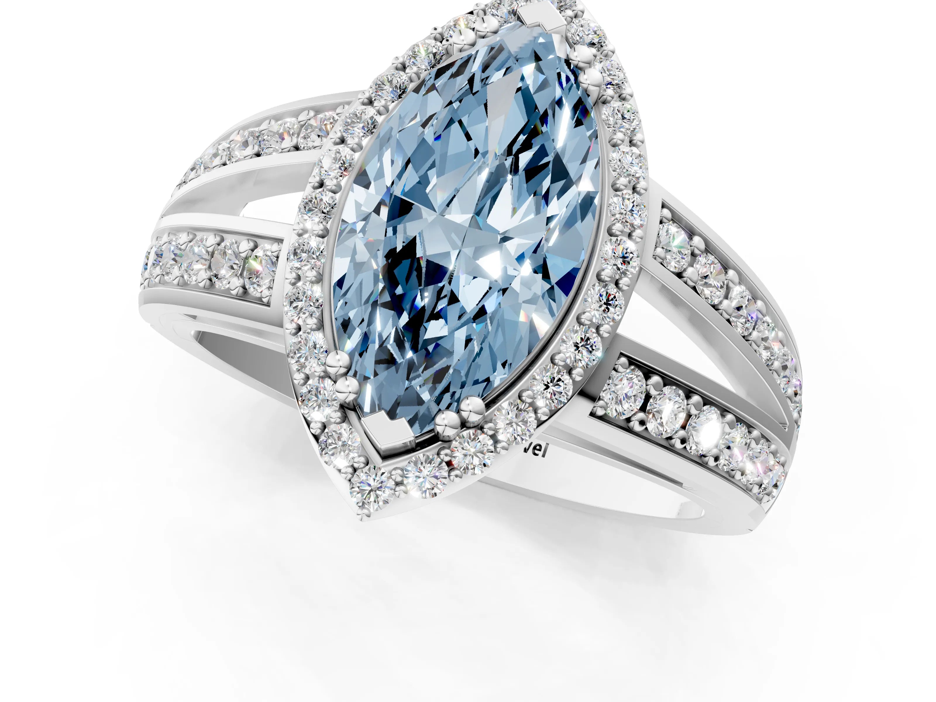 White gold Fancy Blue Marquise Cut Diamond Halo Ring with Split Shank Pavé Band and Four-Prong Setting_25