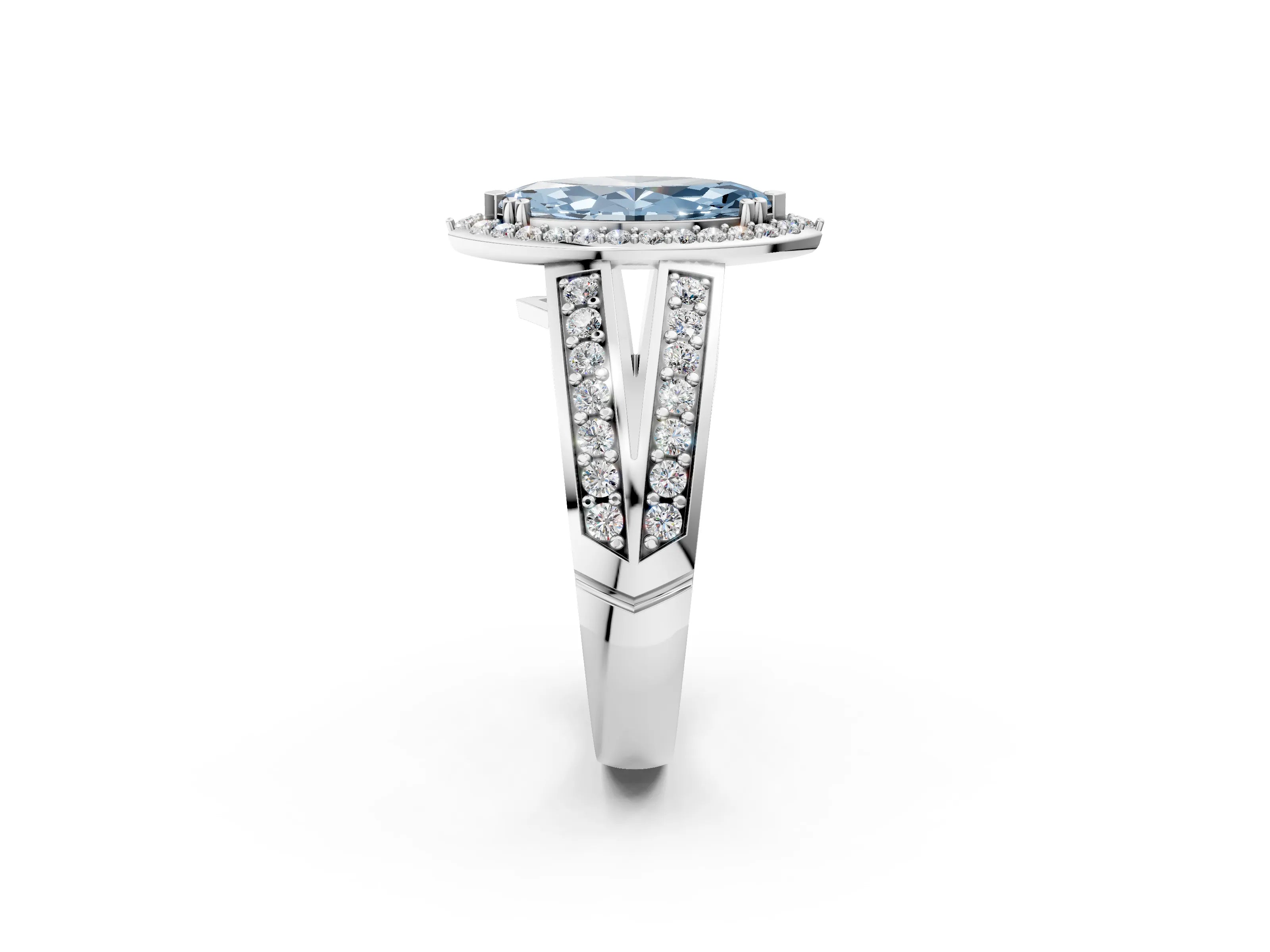 White gold Fancy Blue Marquise Cut Diamond Halo Ring with Split Shank Pavé Band and Four-Prong Setting_26