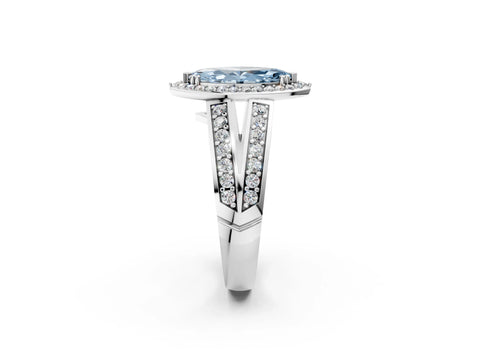 White gold Fancy Blue Marquise Cut Diamond Halo Ring with Split Shank Pavé Band and Four-Prong Setting_26