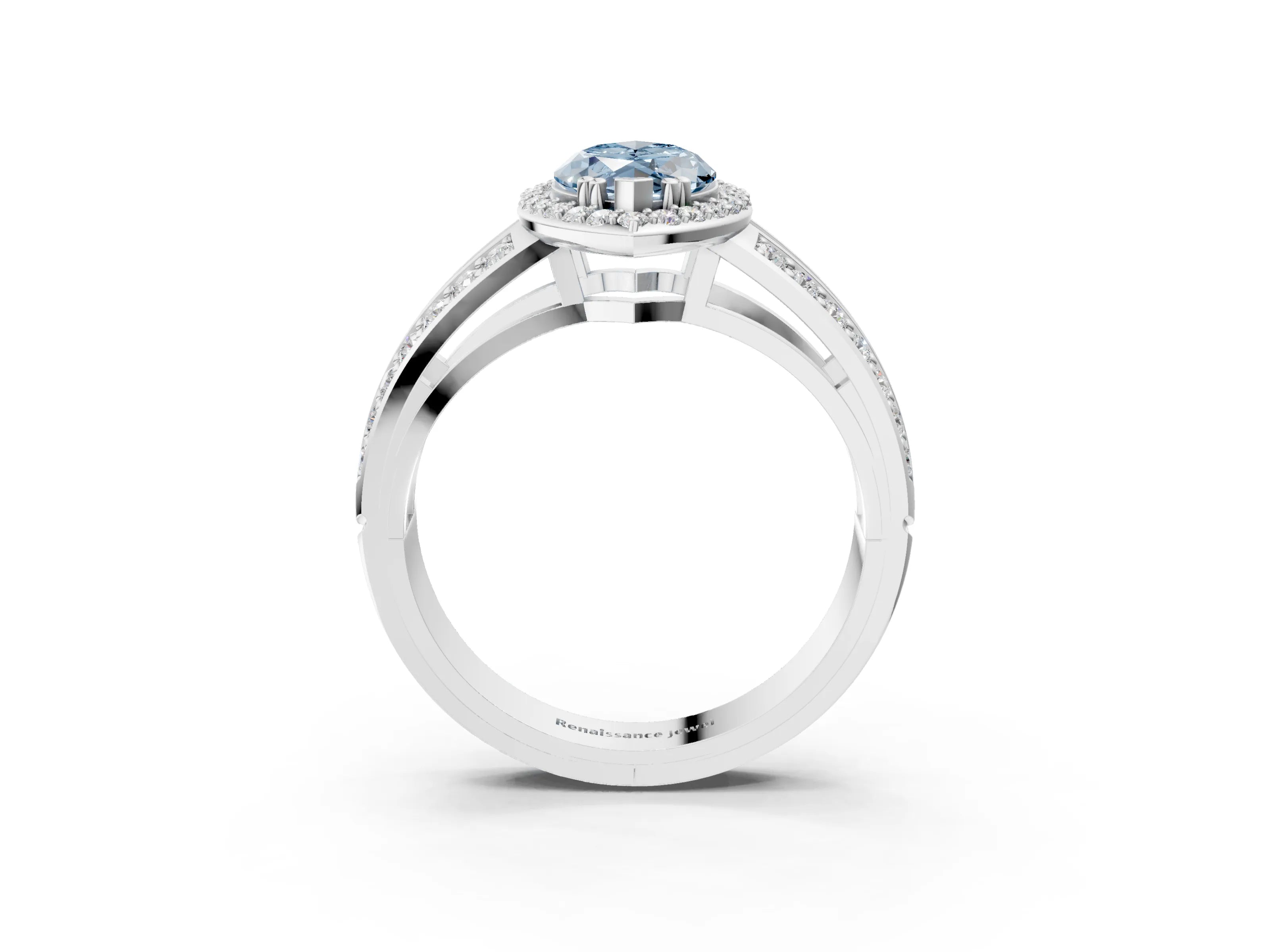 White gold Fancy Blue Marquise Cut Diamond Halo Ring with Split Shank Pavé Band and Four-Prong Setting_27