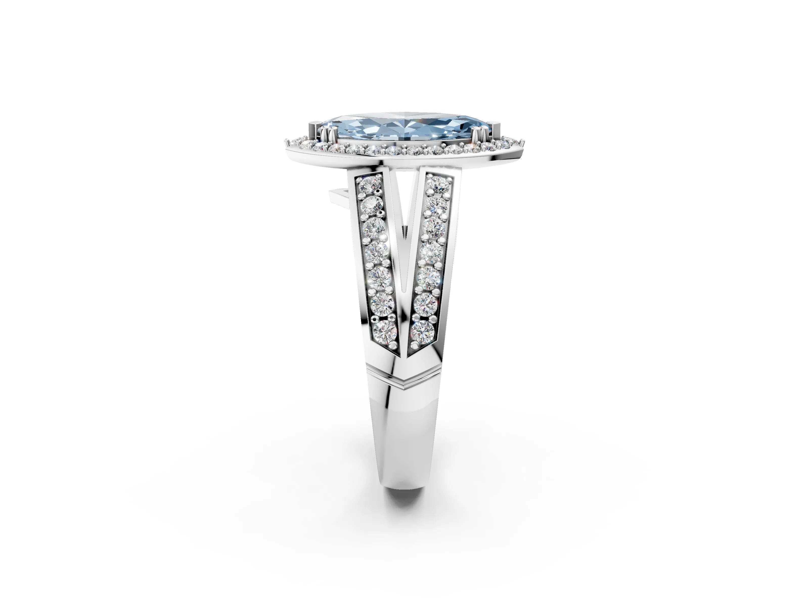 White gold Fancy Blue Marquise Cut Diamond Halo Ring with Split Shank Pavé Band and Four-Prong Setting_2