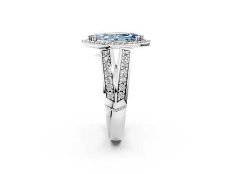 White gold Fancy Blue Marquise Cut Diamond Halo Ring with Split Shank Pavé Band and Four-Prong Setting_2