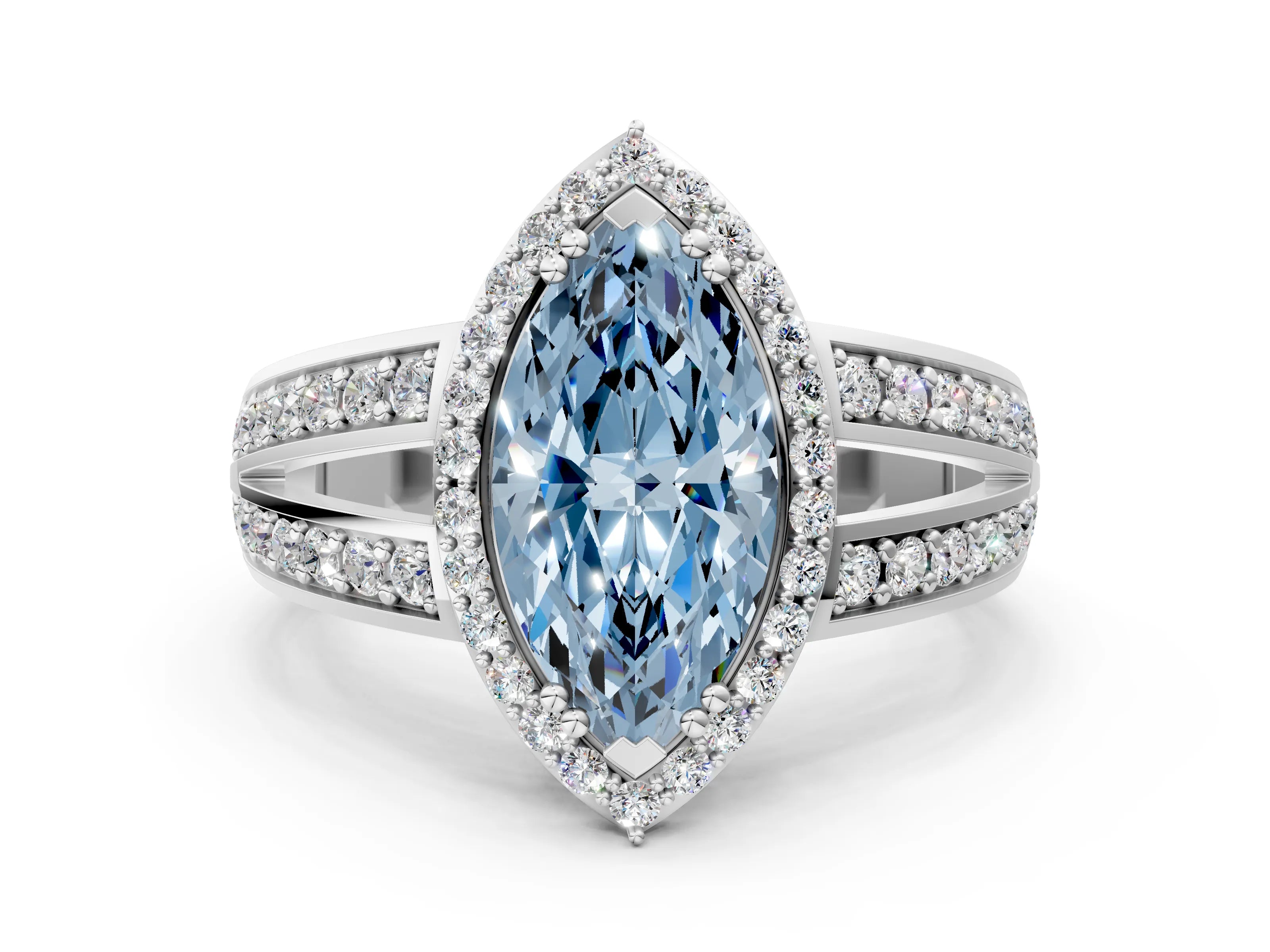 White gold Fancy Blue Marquise Cut Diamond Halo Ring with Split Shank Pavé Band and Four-Prong Setting_35