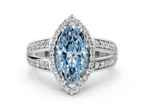 White gold Fancy Blue Marquise Cut Diamond Halo Ring with Split Shank Pavé Band and Four-Prong Setting_35