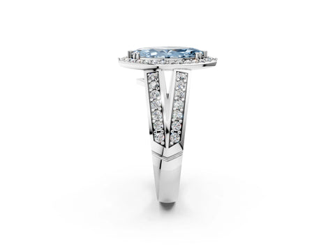 White gold Fancy Blue Marquise Cut Diamond Halo Ring with Split Shank Pavé Band and Four-Prong Setting_37