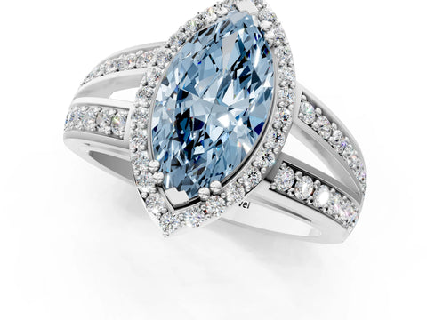 White gold Fancy Blue Marquise Cut Diamond Halo Ring with Split Shank Pavé Band and Four-Prong Setting_37