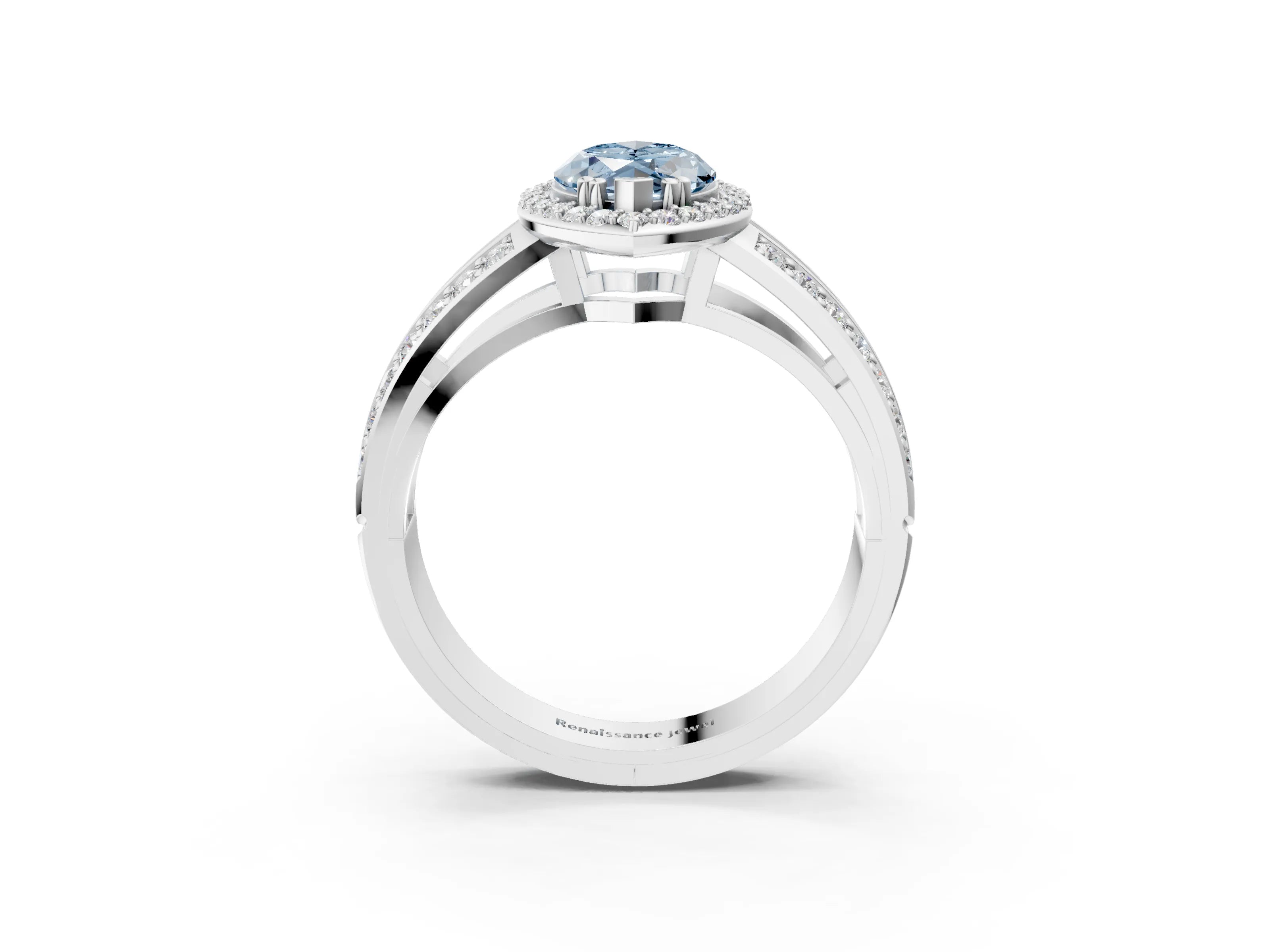 White gold Fancy Blue Marquise Cut Diamond Halo Ring with Split Shank Pavé Band and Four-Prong Setting_38