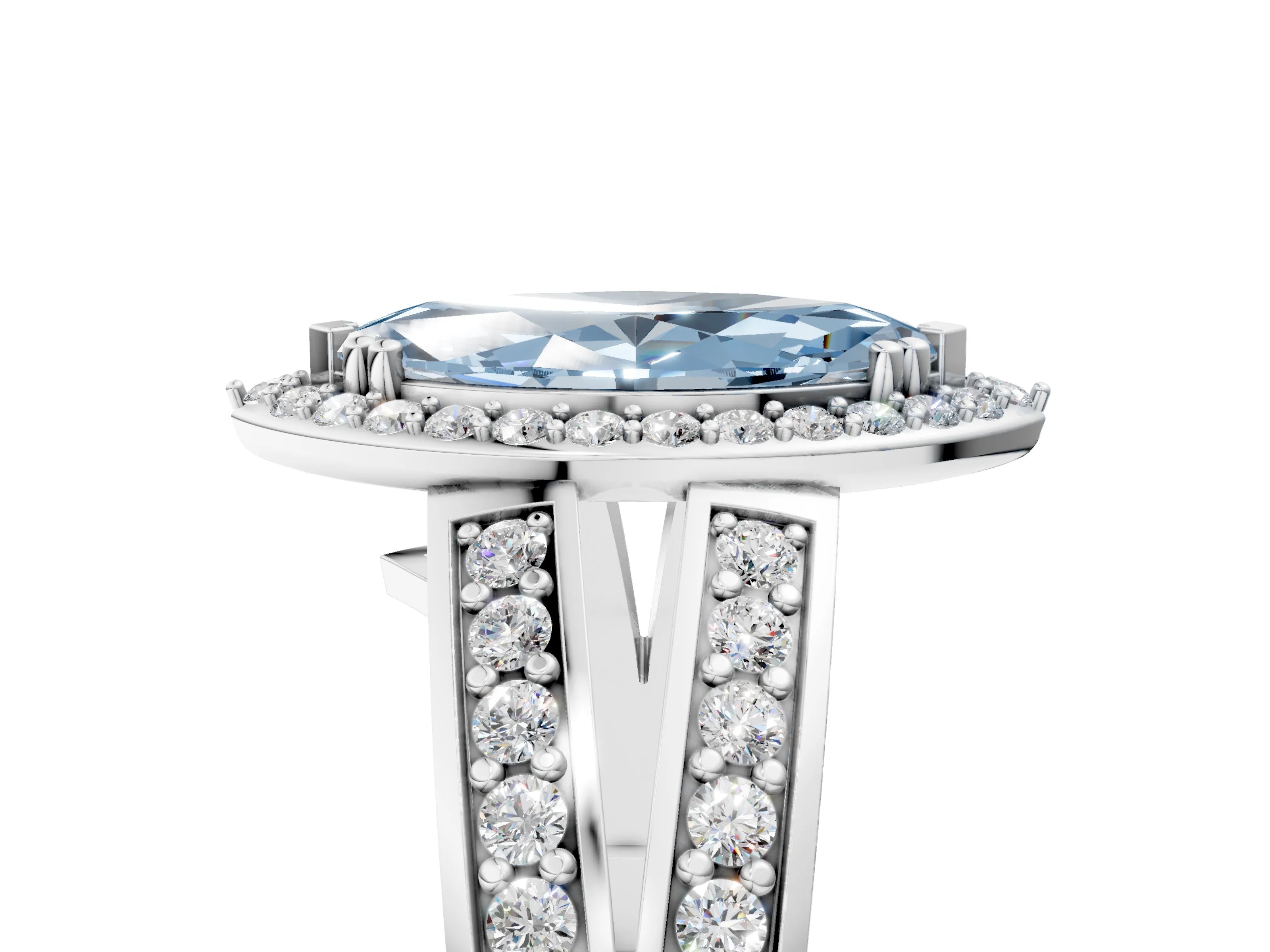 White gold Fancy Blue Marquise Cut Diamond Halo Ring with Split Shank Pavé Band and Four-Prong Setting_40