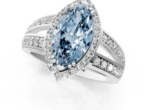 White gold Fancy Blue Marquise Cut Diamond Halo Ring with Split Shank Pavé Band and Four-Prong Setting_42