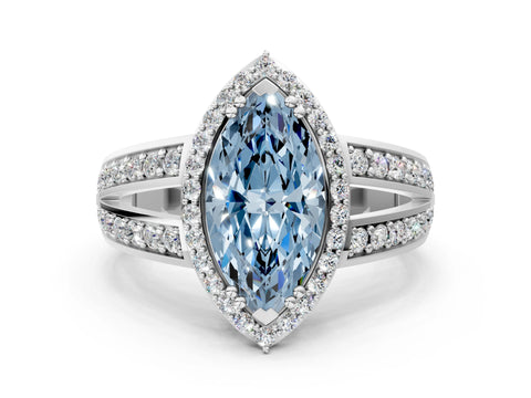 White gold Fancy Blue Marquise Cut Diamond Halo Ring with Split Shank Pavé Band and Four-Prong Setting_42