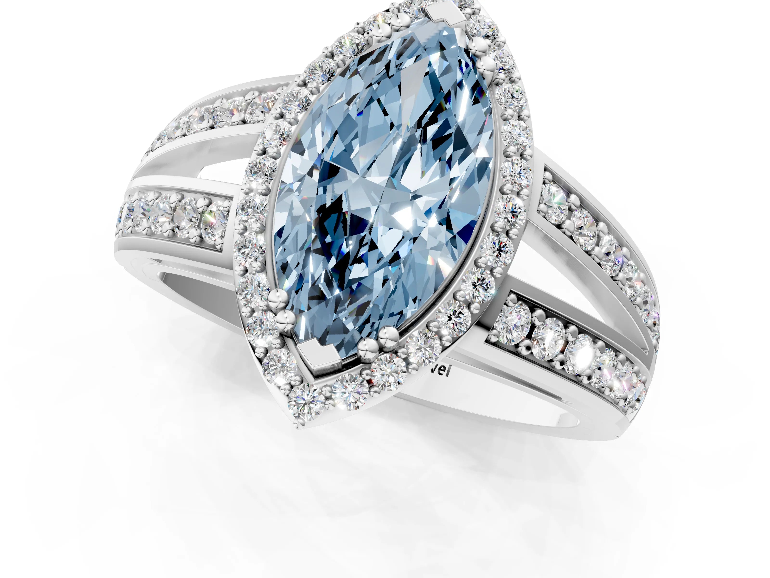 White gold Fancy Blue Marquise Cut Diamond Halo Ring with Split Shank Pavé Band and Four-Prong Setting_43