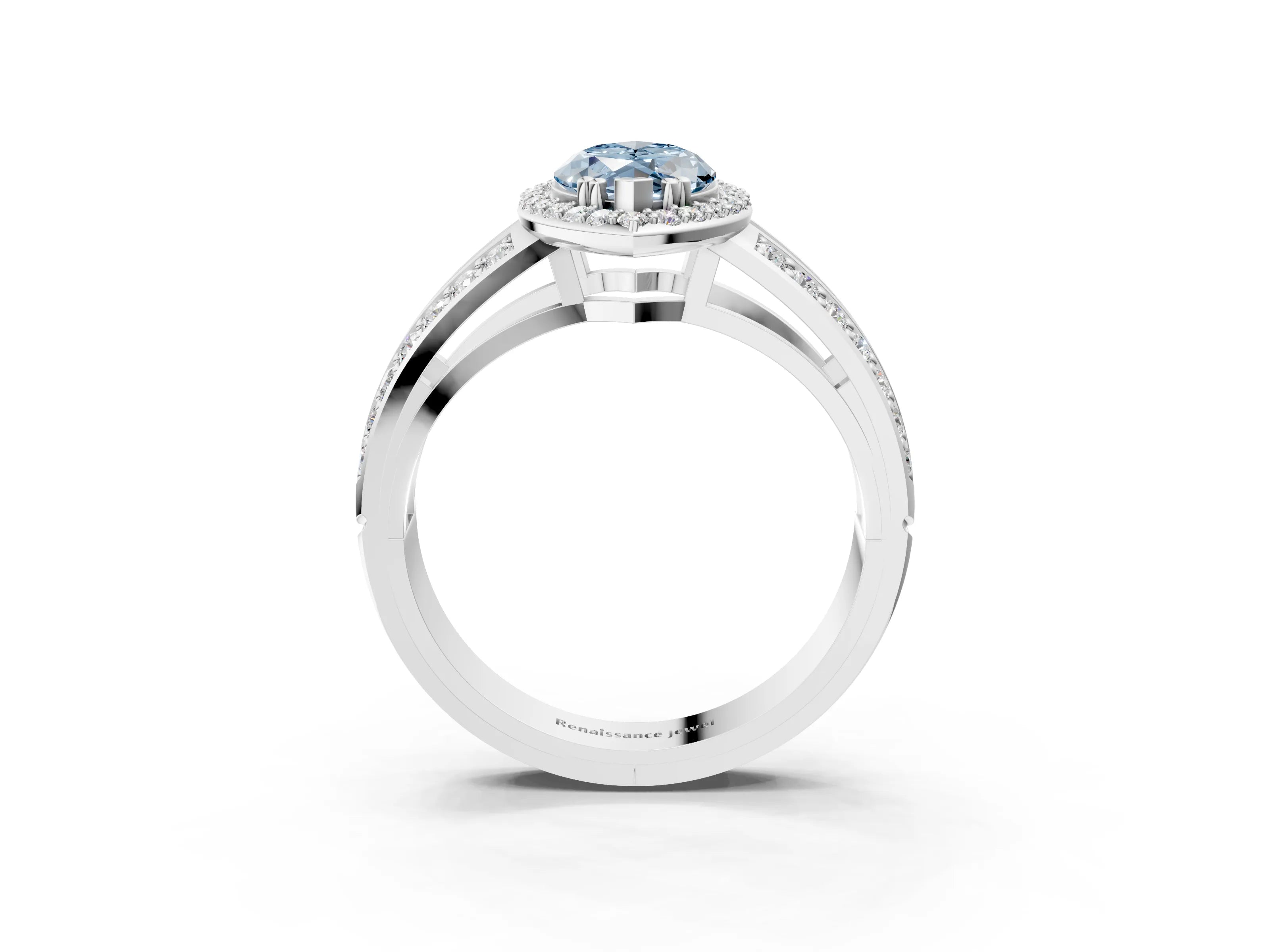 White gold Fancy Blue Marquise Cut Diamond Halo Ring with Split Shank Pavé Band and Four-Prong Setting_44