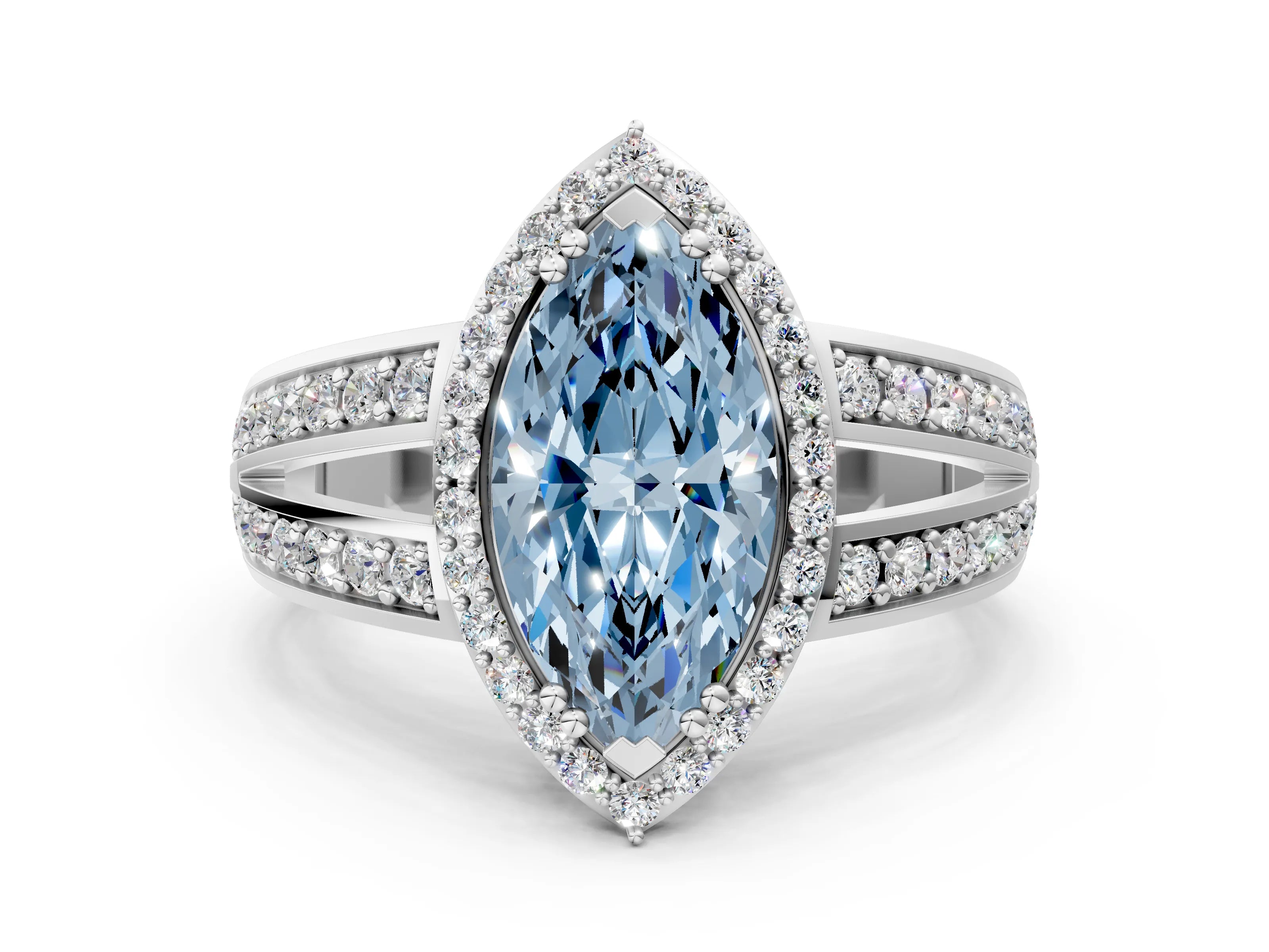 White gold Fancy Blue Marquise Cut Diamond Halo Ring with Split Shank Pavé Band and Four-Prong Setting_46