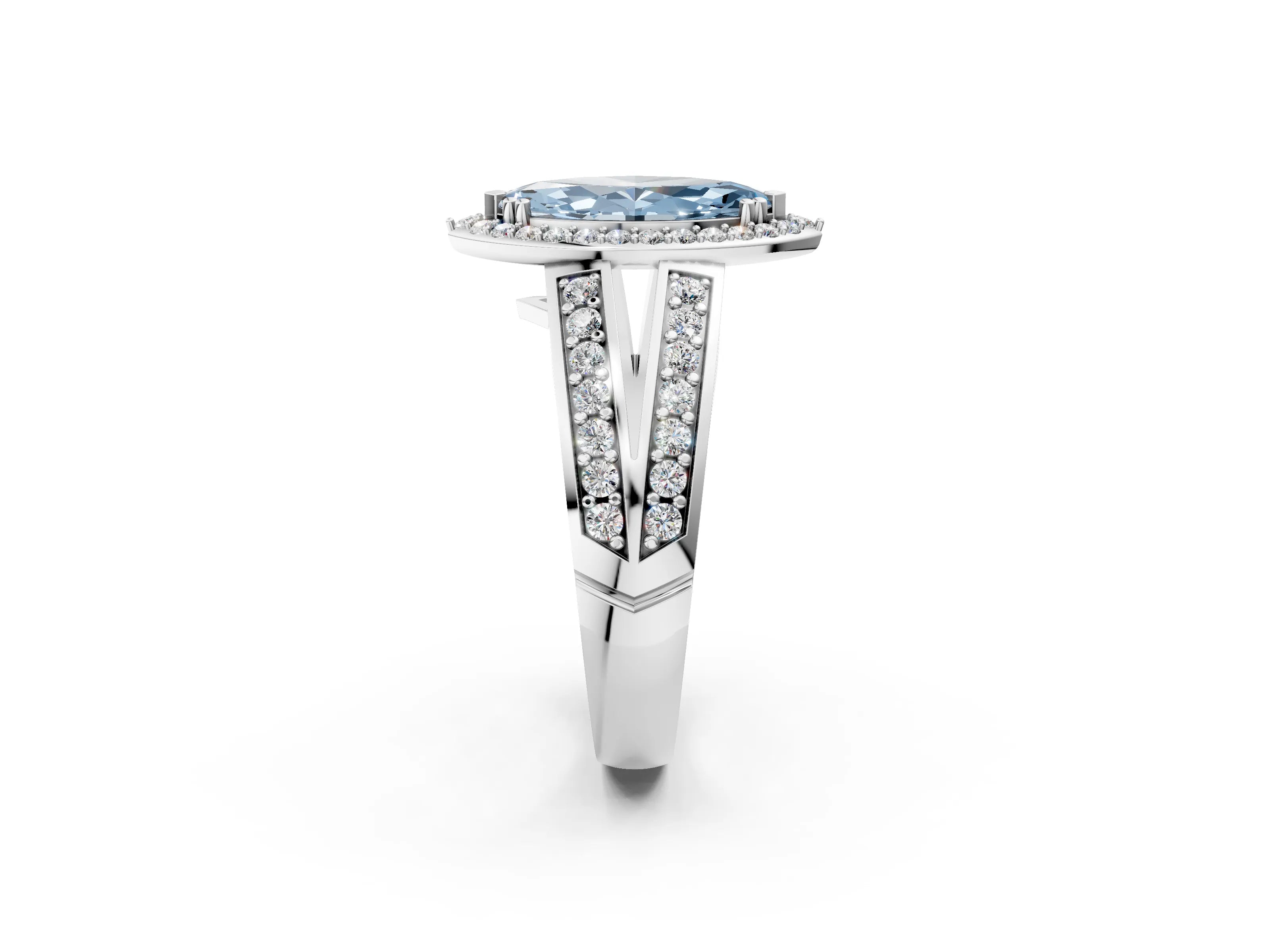 White gold Fancy Blue Marquise Cut Diamond Halo Ring with Split Shank Pavé Band and Four-Prong Setting_48