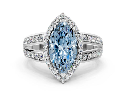 White gold Fancy Blue Marquise Cut Diamond Halo Ring with Split Shank Pavé Band and Four-Prong Setting