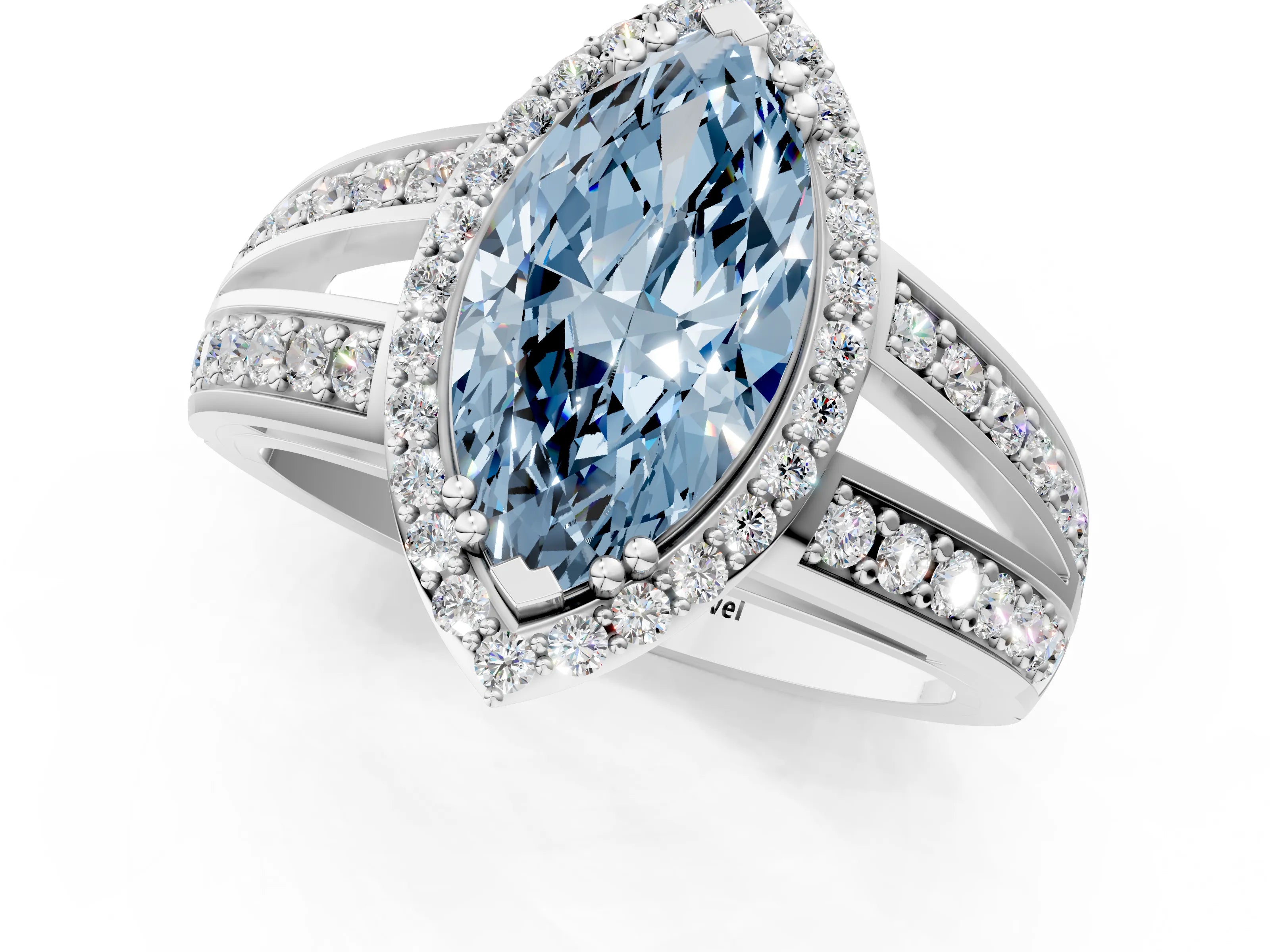 White gold Fancy Blue Marquise Cut Diamond Halo Ring with Split Shank Pavé Band and Four-Prong Setting_59