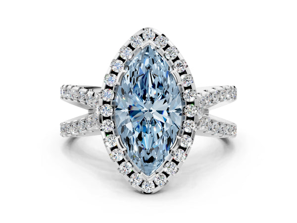 Platinum Fancy Blue Marquise Cut Diamond Halo Ring with Split Shank Pavé Band and Prong Setting