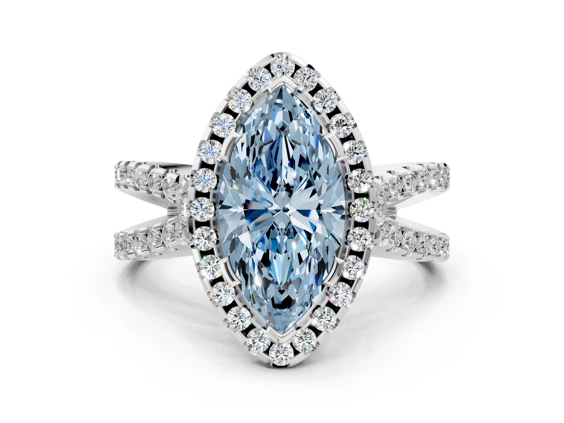 White gold Fancy Blue Marquise Cut Diamond Halo Ring with Split Shank Pavé Band and Prong Setting_79
