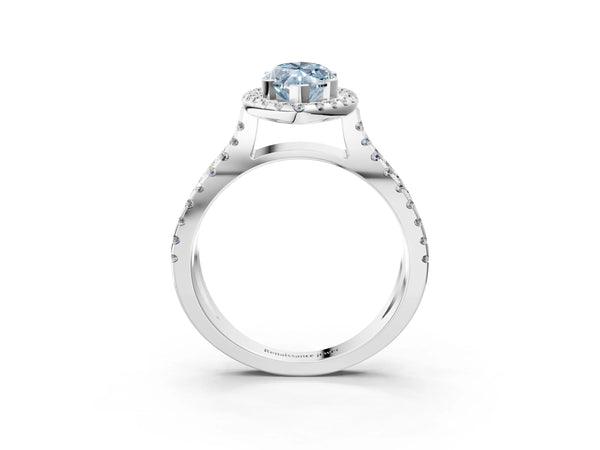 Platinum Fancy Blue Marquise Cut Diamond Halo Ring with Split Shank Pavé Band and Prong Setting