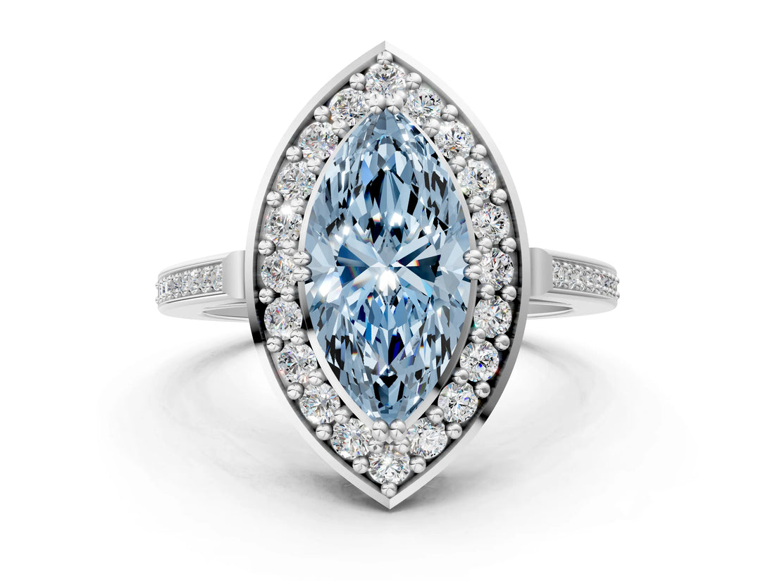 White gold Fancy Blue Marquise Cut Diamond Halo Ring with Split Shank and Four-Prong Setting_102
