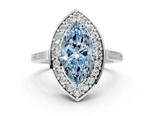 Platinum Fancy Blue Marquise Cut Diamond Halo Ring with Split Shank and Four-Prong Setting