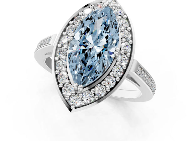 Platinum Fancy Blue Marquise Cut Diamond Halo Ring with Split Shank and Four-Prong Setting