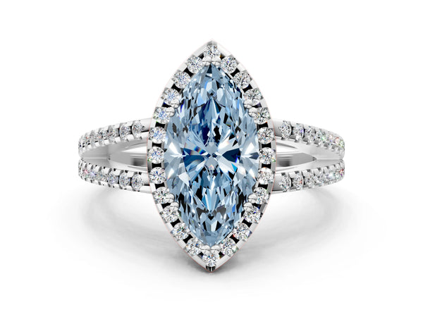 Platinum Fancy Blue Marquise Cut Diamond Halo Split Shank Engagement Ring