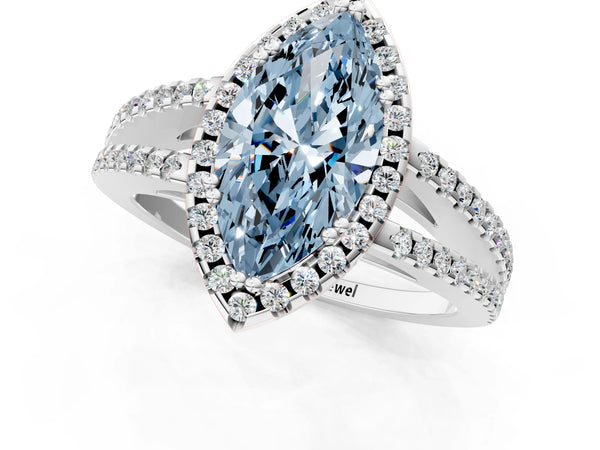 Platinum Fancy Blue Marquise Cut Diamond Halo Split Shank Engagement Ring