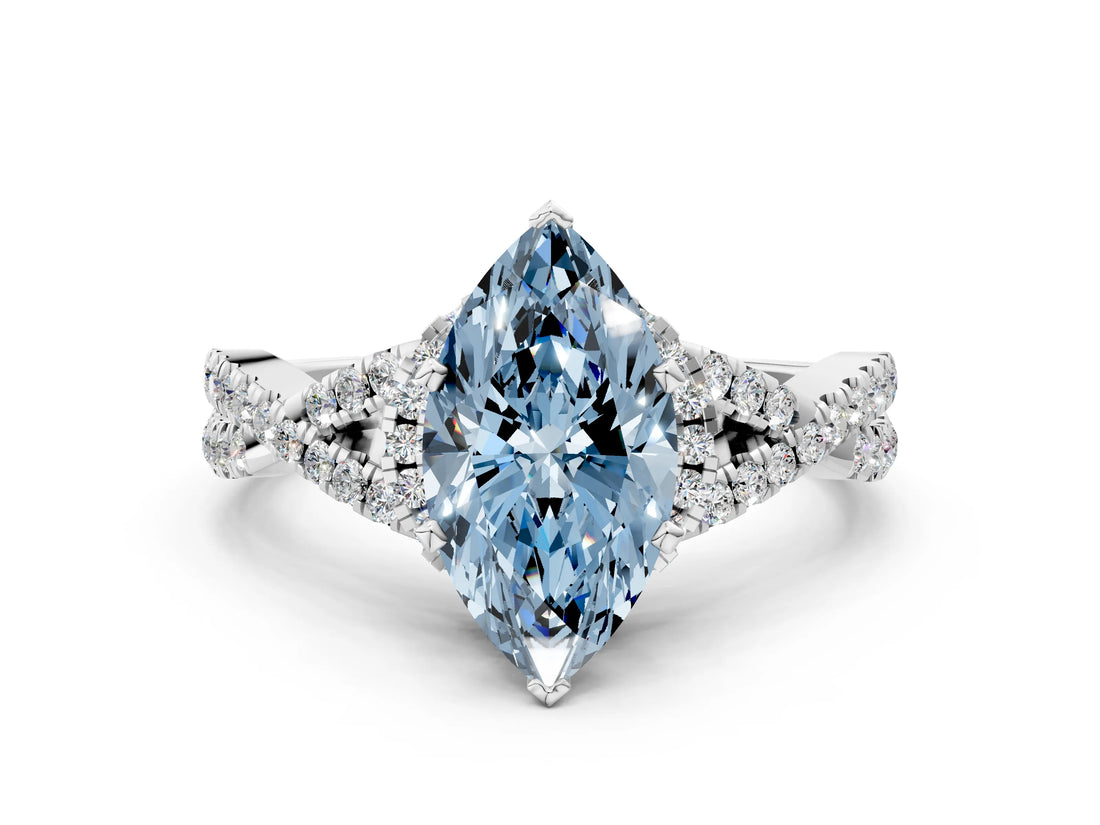 White gold Fancy Blue Marquise Cut Diamond  Halo Twist Band Solitaire Prong Setting Ring_12