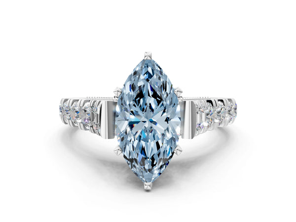 Platinum Fancy Blue Marquise Cut Diamond Classic Solitaire Ring with Pavé Band and Four-Prong Setting