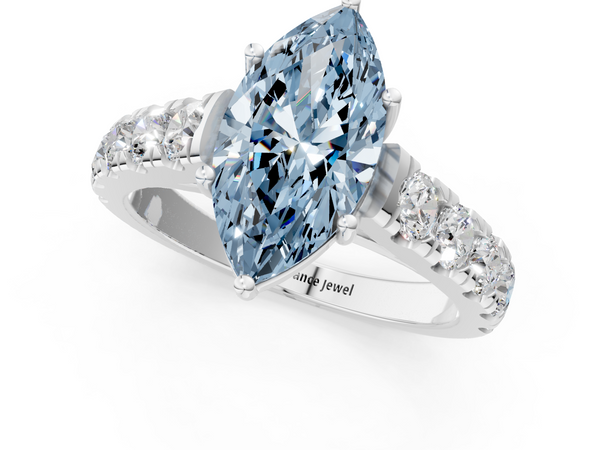 White gold Fancy Blue Marquise  Cut Diamond Solitaire Ring with Micro Pave Band and Prong Setting