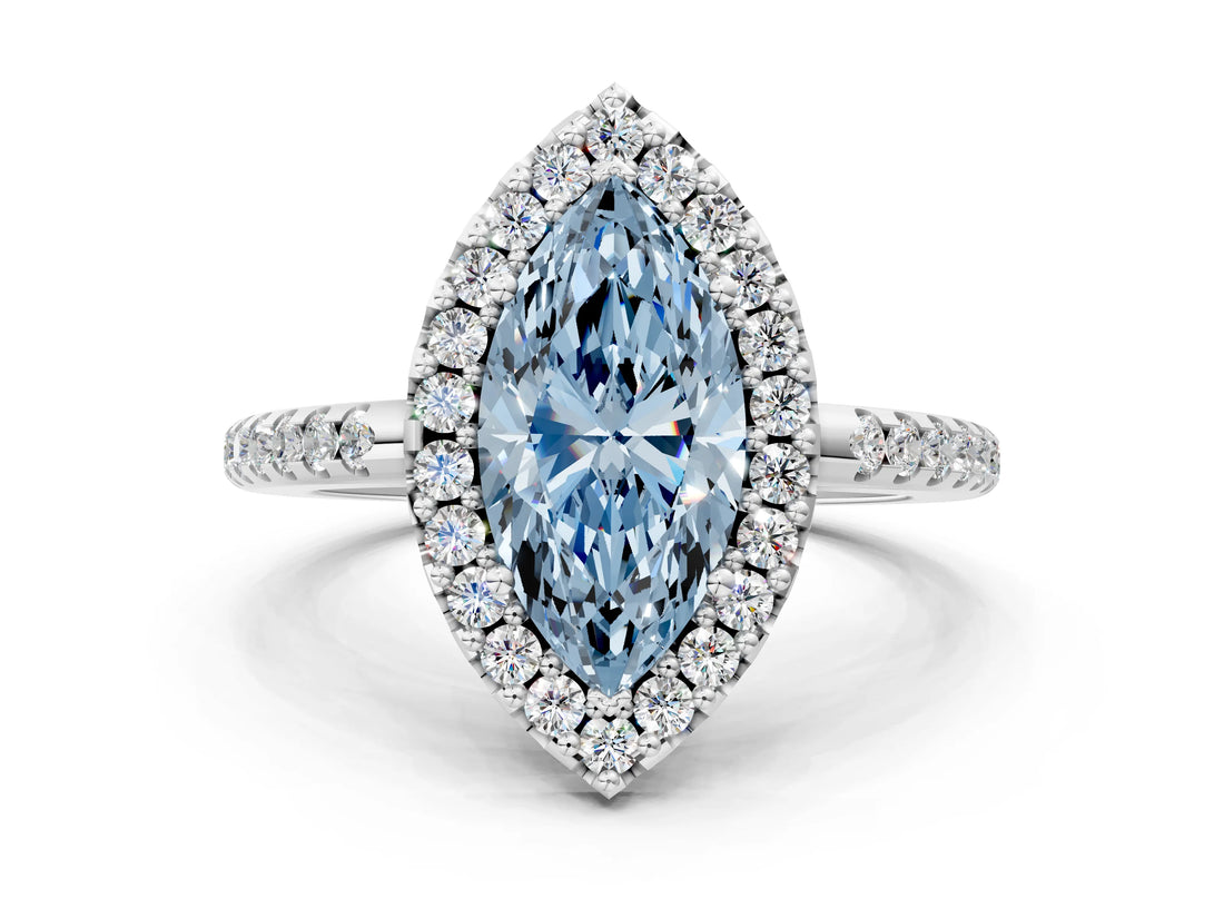 White gold Fancy Blue Marquise Cut Diamond Pavé Halo Ring with Four-Prong Setting_48