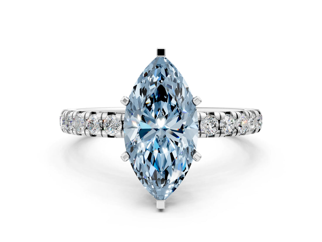White gold Fancy Blue Marquise Cut Diamond Pavé Solitaire Ring with Round Band and Prong Setting_16
