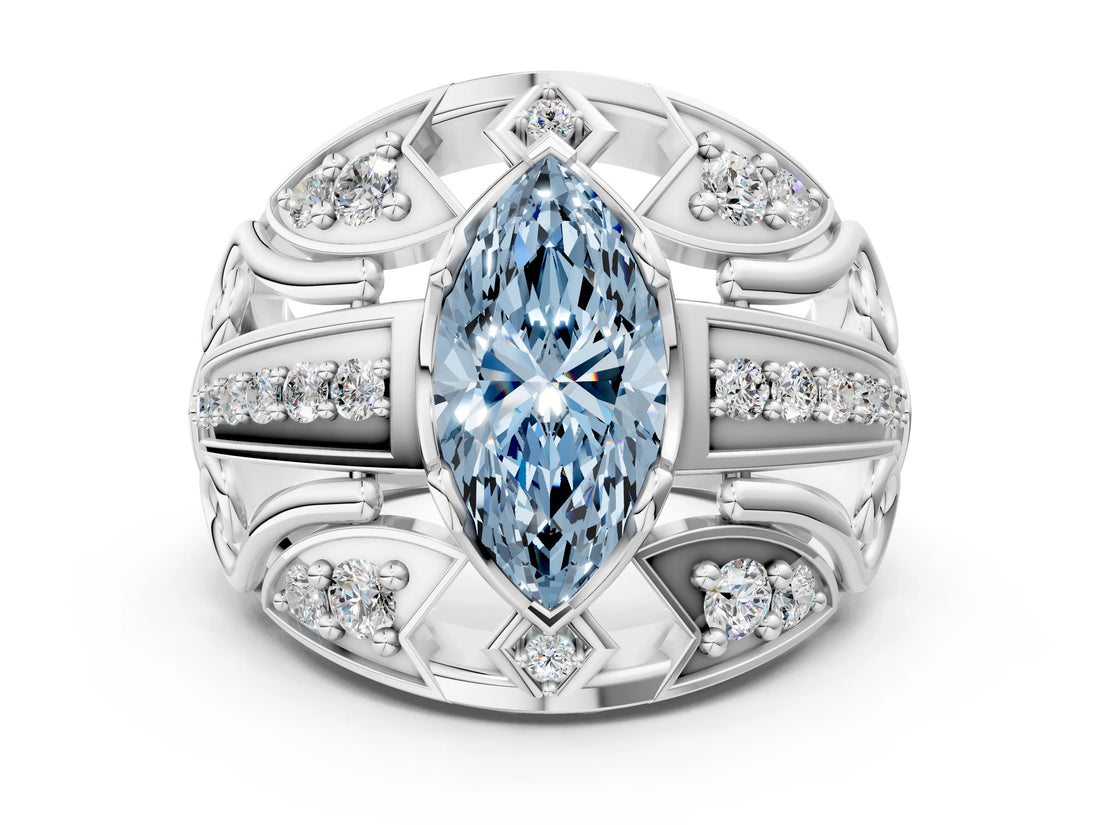 White gold Fancy Blue Marquise Cut Diamond Pave Art Deco Split Shank Ring with Four-Prong Setting