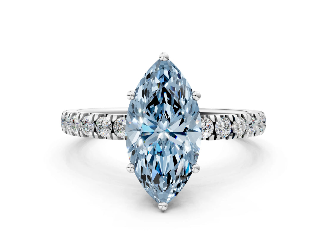 White gold Fancy Blue Marquise Cut Diamond Pave Band Solitaire Ring with Round  and Prong Setting_142