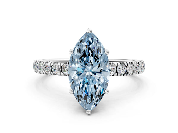 White gold Fancy Blue Marquise Cut Diamond Pave Band Solitaire Ring with Round  and Prong Setting