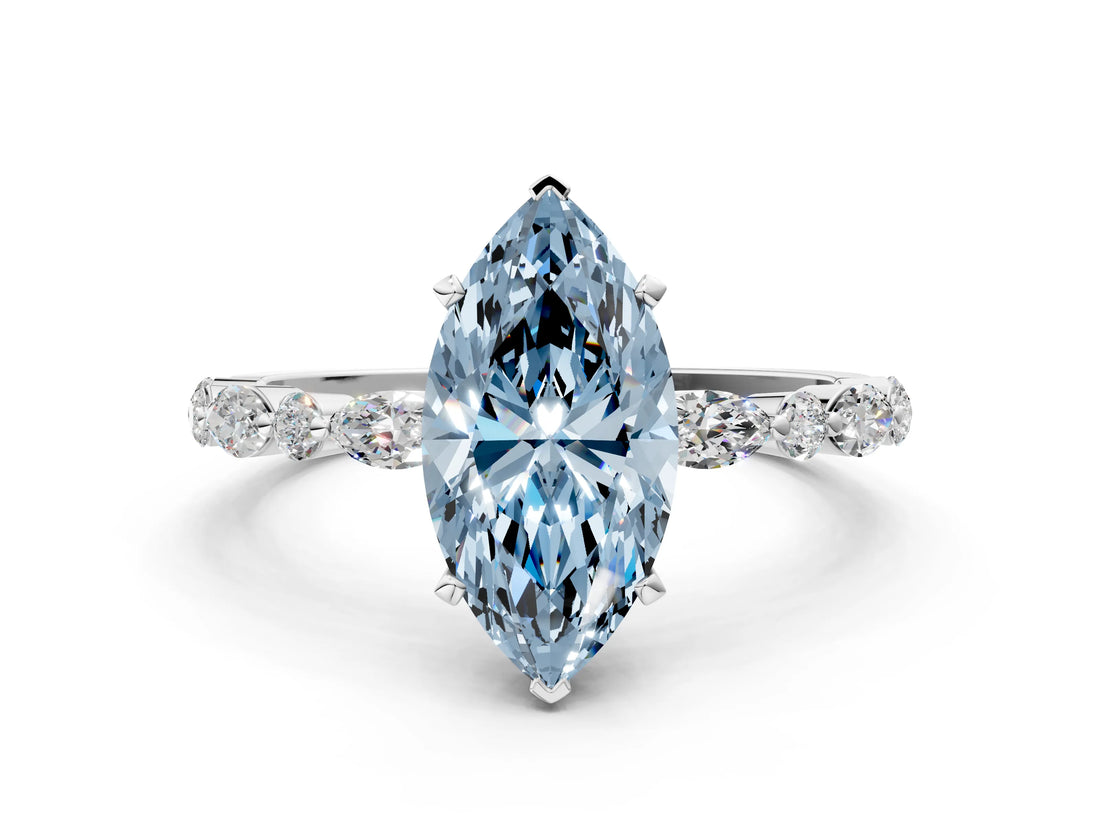 White gold Fancy Blue Marquise Cut Diamond Ring with Marquise and Round  Side Stones and Four-Prong Setting_97