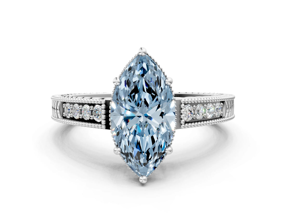 White gold Fancy Blue Marquise Cut Diamond Ring with Milgrain Pavé Band and Four-Prong Setting_33