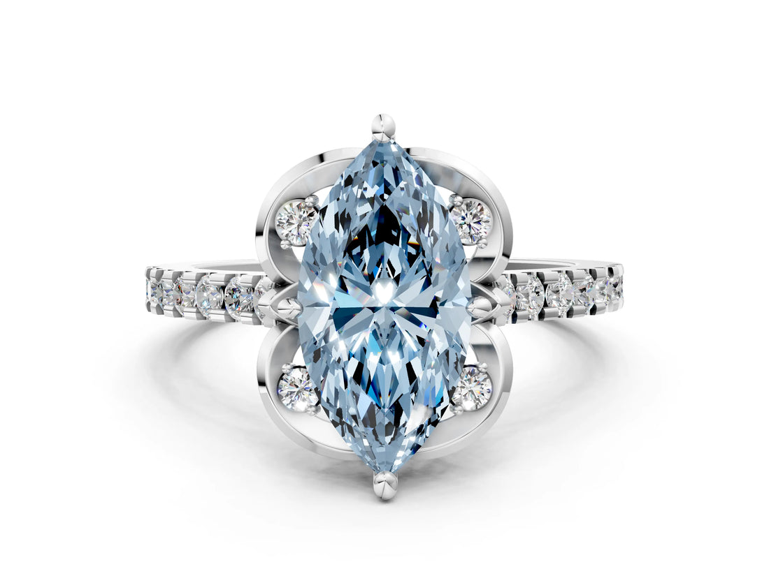 White gold Fancy Blue Marquise Cut Diamond Ring with Pavé Band and Floral Prong Setting_39