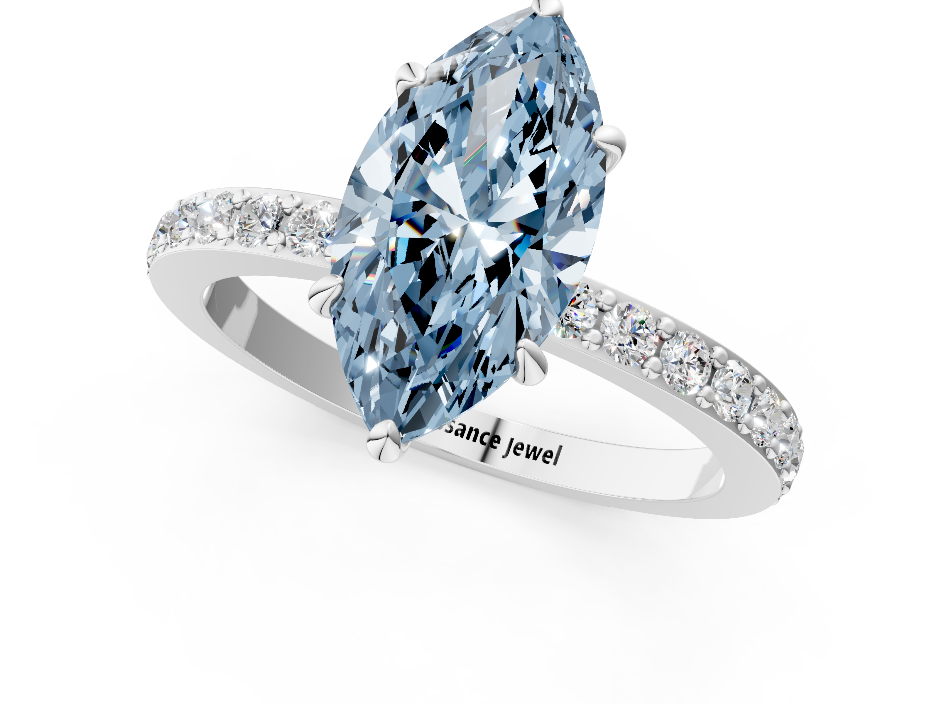 White gold Fancy Blue Marquise  Cut Diamond Ring with Pavé Band and Four-Prong Setting_51
