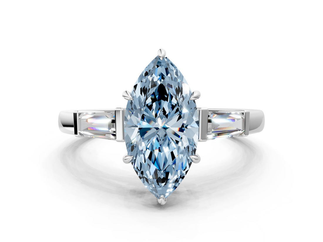 White gold Fancy Blue Marquise  Cut Diamond Ring with Tapered Baguette Side Stones in Four-Prong Setting_3